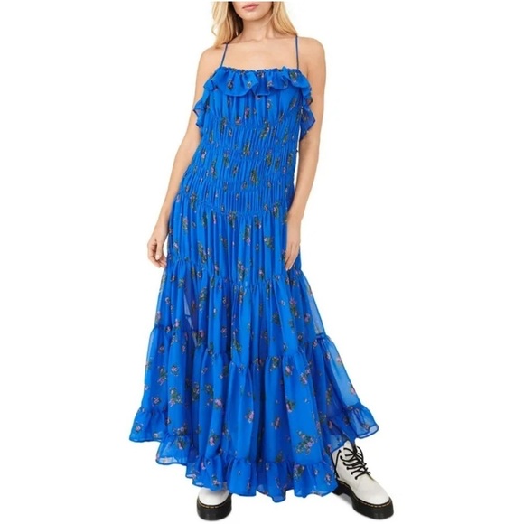 NWT Free People Cloud Nine Blue Floral Printed Long Maxi Dress Ruffled Tiers - Picture 4 of 16